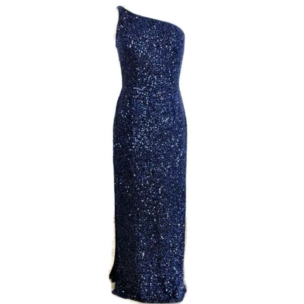 Scala Fully Beaded 100% Silk One Shoulder Gown - Navy L